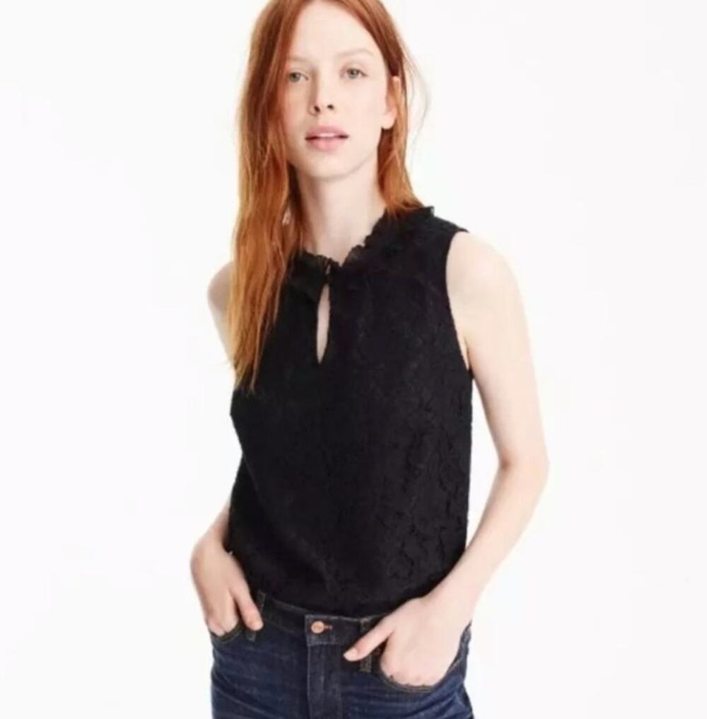 J. Crew Lace Ruffleneck Top Black H2203 Size XS